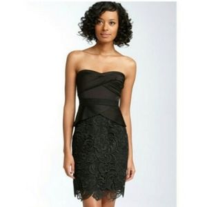 BCBGMaxAzria Black Strapless Peplum Lace Dress